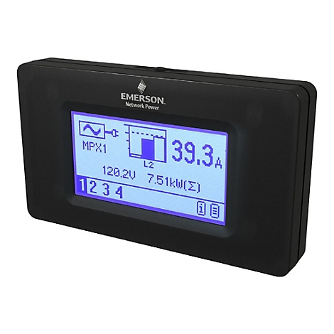 Schwarzes Emerson Messgerät mit blauem Display, das Stromwerte wie 39,3 A und 7,51 kW anzeigt.