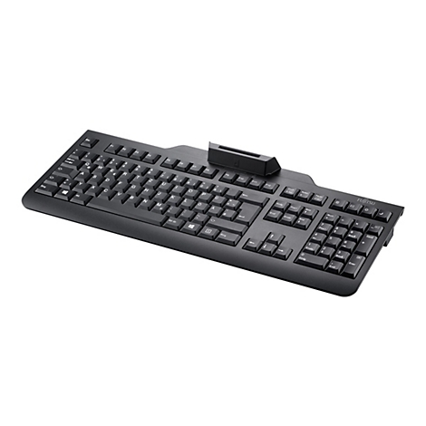 Schwarze Fujitsu Tastatur mit deutschem Layout und zusätzlichem Kartenleser-Schacht an der Oberseite.