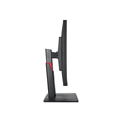 Seitliche Ansicht eines schwarzen Computermonitors mit einem Standfuß und rotem Akzent, vor weißem Hintergrund.