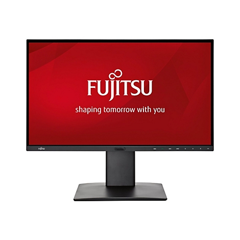Schwarzer Fujitsu-Monitor mit rotem Bildschirmhintergrund, Fujitsu-Logo und Slogan.
