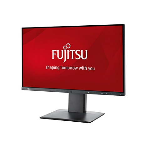 Fujitsu Monitor mit rotem Bildschirm und Firmenlogo vor weißem Hintergrund.