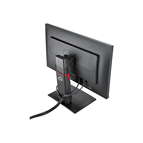 Rückansicht eines schwarzen Fujitsu-Monitors auf einem Standfuß mit integriertem Kabelmanagement vor weißem Hintergrund.