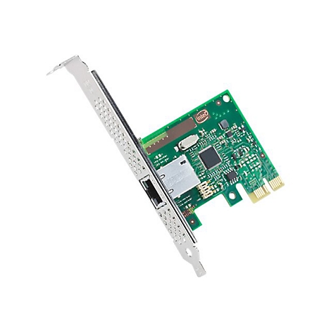 Eine grüne Intel Netzwerkkarte mit Metallblende und RJ45-Port auf weißem Hintergrund.