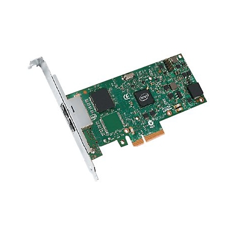 Grüne Intel PCI-Express Netzwerkkarte auf weißem Hintergrund mit silberner Anschlussblende.