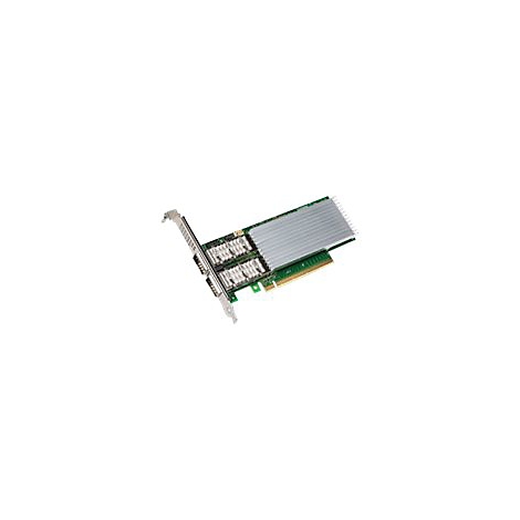 PCIe-Steckkarte mit zwei Anschlüssen und großem silbernen Kühlkörper auf grünem Board vor weißem Hintergrund.
