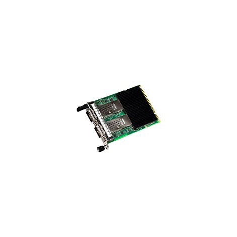 Grüne Netzwerkkarte mit zwei SFP-Ports und einem schwarzen Kühlkörper auf weißem Hintergrund.
