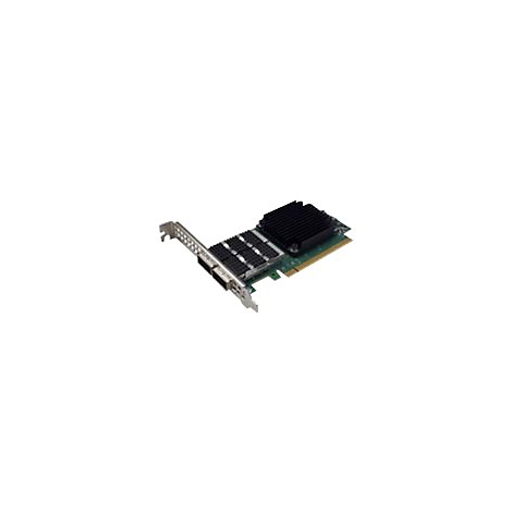 Eine grüne Netzwerkkarte mit Kühlkörpern und zwei Anschlüssen auf einer Metallblende.