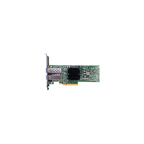 Grüne Netzwerkkarte mit zwei SFP-Ports und einem schwarzen Kühlkörper auf weißem Hintergrund.