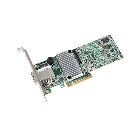 Eine grüne PCIe-Netzwerkkarte mit silbernem Kühlkörper und Metallblende vor weißem Hintergrund.