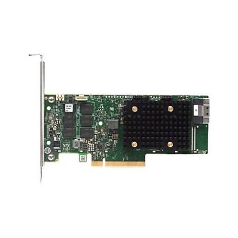 Eine grüne PCIe-Controllerkarte mit großem schwarzem Kühlkörper und Metallblende vor weißem Hintergrund.