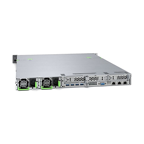 Rückansicht eines silbernen 19-Zoll-Servers mit zwei 900W-Netzteilen, Anschlüssen und Lüftern vor weißem Hintergrund.
