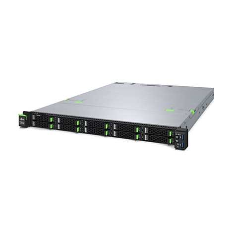 Fujitsu Primergy Rack-Server mit Laufwerkseinschüben und grünem Branding vor weißem Hintergrund.