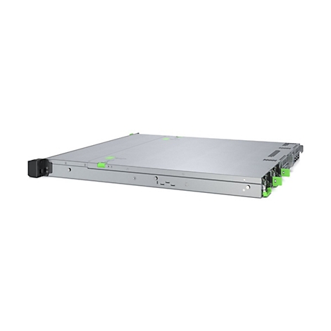 Silberner Rack-Server mit grünen Akzenten vor weißem Hintergrund.