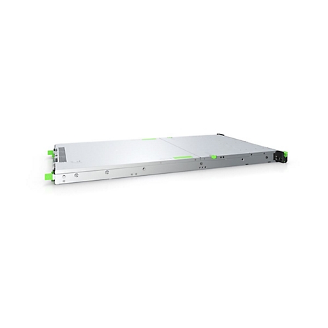 Flaches, silbernes Rack-Server-Gehäuse mit grünen Akzenten vor weißem Hintergrund.