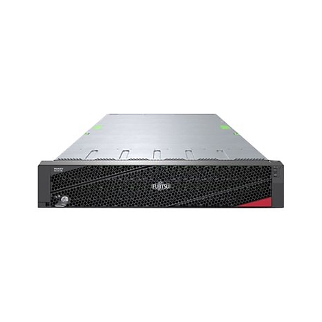 Fujitsu Primergy Rack-Server mit schwarzer Wabenfront, Fujitsu-Logo und rotem Akzent vor weißem Hintergrund.