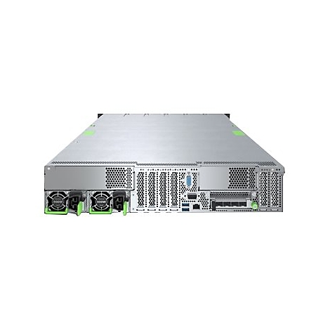 Rückseite eines metallenen Servergehäuses mit Lüftern, Anschlüssen und Netzteilen vor weißem Hintergrund.