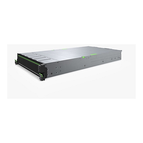 Fujitsu Server-Rack in Grau mit schwarzen Laufwerkseinschüben und grünen Akzenten auf weißem Hintergrund.