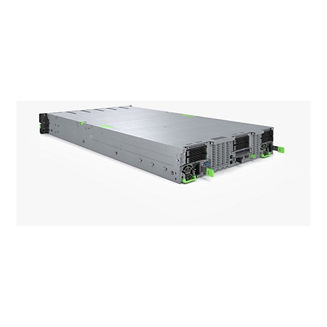 Ein grauer Server, Front- und Rückseite mit schwarzen Lüftern, grünen Akzenten, auf weißem Hintergrund.