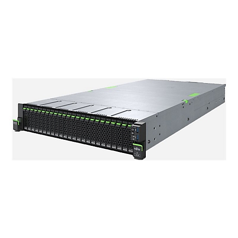 Fujitsu Rack-Server-System mit zahlreichen Laufwerkseinschüben und grünem Branding vor neutralem Hintergrund.