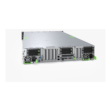 Rückseite eines silbernen Servers mit Netzanschlüssen, Lüftern und Datenspeichereinschüben vor weißem Hintergrund.