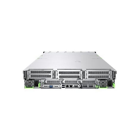 Rückseite eines silbernen Rack-Servers mit zwei Netzteilen, Lüftungsgittern und verschiedenen Netzwerkanschlüssen.