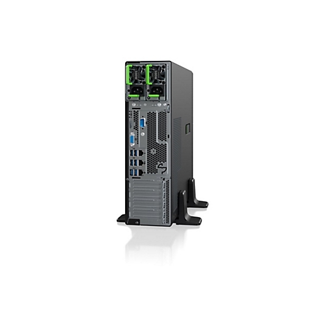 Rückseite eines schwarzen Servers auf einem Ständer mit zwei Netzteilen, zahlreichen USB-Anschlüssen und VGA-Ausgang.