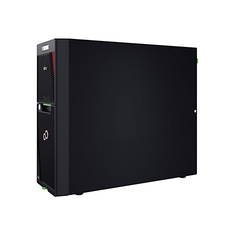 Schwarzer Server-Tower vor weißem Hintergrund. Vorne ist das Logo der Marke Fujitsu sichtbar.