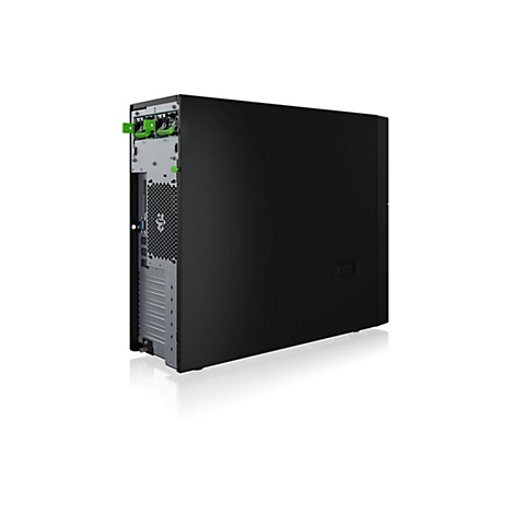 Schwarzer Tower-Server mit grünen Netzteil-Griffschalen vor weißem Hintergrund.