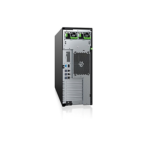 Rückseite eines schwarzen Servers mit zwei Netzteilen, zahlreichen Anschlüssen und einem großen Lüftergitter.