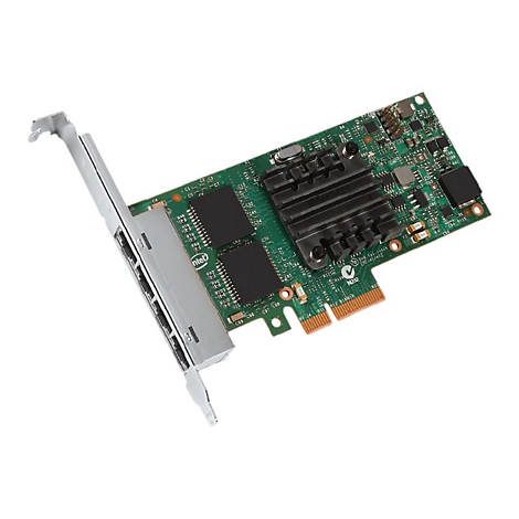 Eine grüne Intel Netzwerkkarte mit Metallblende und Kühlkörper vor weißem Hintergrund.