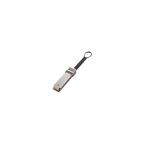 QSFP-Transceiver-Modul aus Metall mit einer schwarzen Schlaufe zur einfachen Handhabung auf weißem Hintergrund.