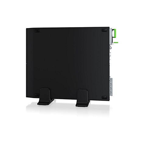 Serveur informatique noir sur fond blanc. Éléments verts en évidence. Base stable.