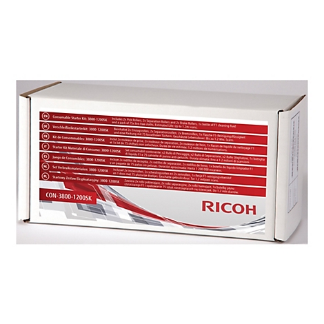 Boîte avec descriptions de produits et logo Ricoh, contient rouleaux de prise, rouleaux de séparation, rouleaux de frein, liquide de nettoyage et chiffons non pelucheux.