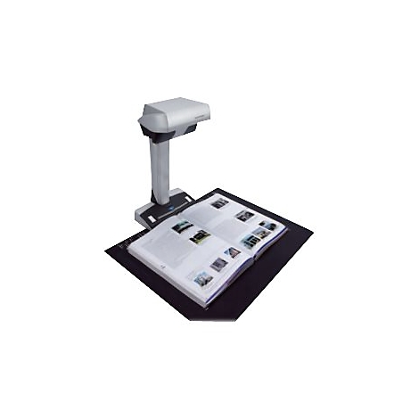 Ein grauer Buchscanner über einem offenen Buch. Das Buch liegt auf einer schwarzen Unterlage.