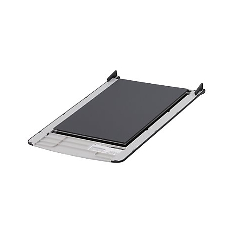 Ein grauer Scanner mit schwarzer Scanoberfläche auf weißem Hintergrund.