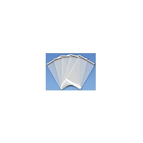 Sacs d'expédition transparents disposés en éventail, avec des bandes adhésives blanches et des éléments noirs.