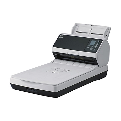 Un scanner de documents gris avec un dessus noir et un panneau de commande blanc, ouvert.