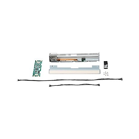 Auf weißem Grund liegen Druckerkomponenten: Platine, Metallrahmen, Kabel, Schrauben, und ein schwarzes Modul.