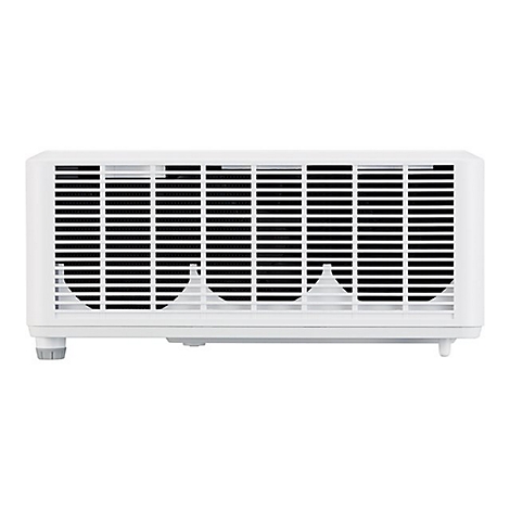 Weißer Projektor mit schwarzen Lüftungsschlitzen. Unterseite mit Füßen.