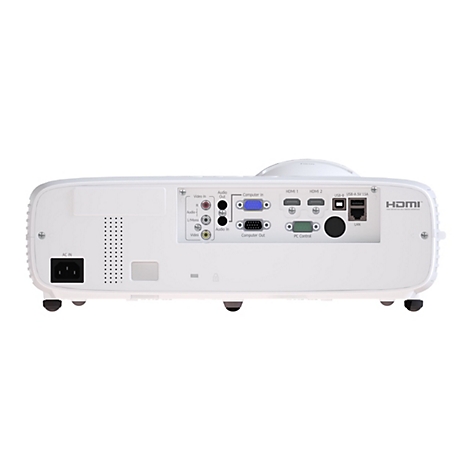 Rückseite eines weißen Projektors. Anschlüsse für Video, Audio, HDMI, USB, LAN und Stromanschluss sind sichtbar.