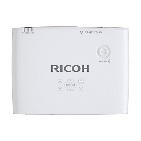 Draufsicht eines weißen Ricoh Projektors mit Bedienfeld und Lens-Shift-Drehrad.