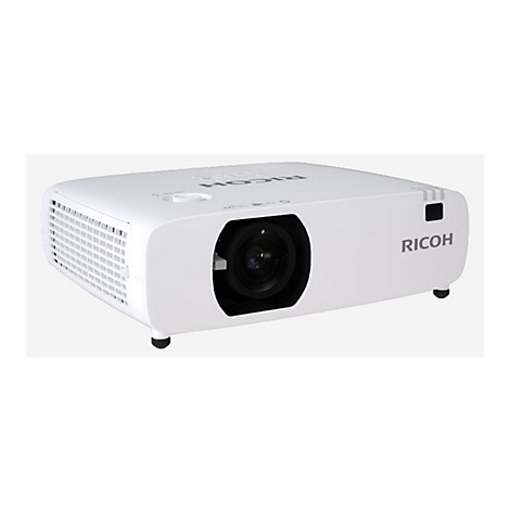 Weißer Beamer mit "RICOH" Logo. Schwarze Linse und Lüftungsschlitze.