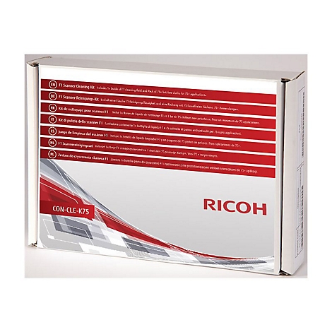 Produktverpackung mit der Aufschrift „RICOH“ und mehrsprachigen Informationen zum Scanner-Reinigungskit.