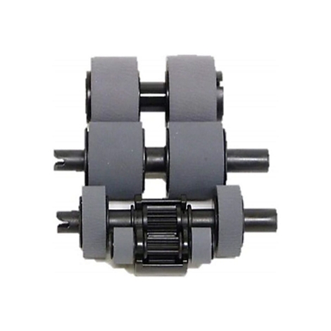 Mehrere graue Gummiwalzen und Zahnräder auf schwarzen Achsen, vor weißem Hintergrund.