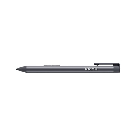 Grauer Ricoh-Eingabestift vor weißem Hintergrund. Der Stift hat einen Clip und zwei Knöpfe.