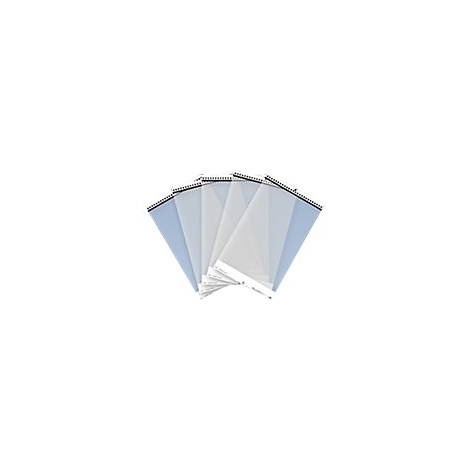 Plusieurs pochettes de documents transparentes, légèrement déployées, avec des bordures bleues et noires, sur fond blanc.
