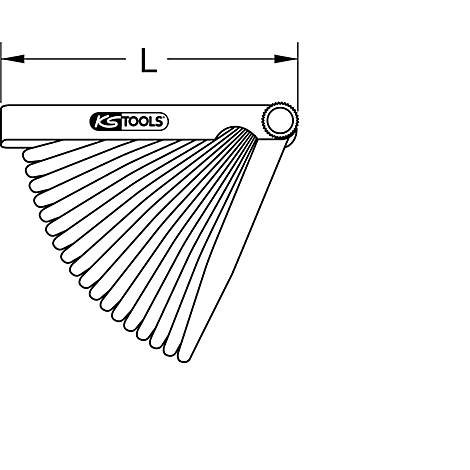 Ein weißer Fühlerlehrensatz, mit der Aufschrift "KS TOOLS". Die Blätter sind gefächert.