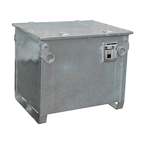 Square, metallic box with lid, handles and an information plate. The box stands on metal feet.