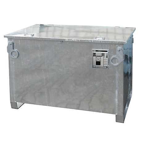 Gray metal box with lid, handle tabs and signs.