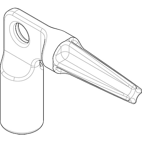 Zwart-wit tekening van een haakse elektrische kabelschoen met gat en conische punt.